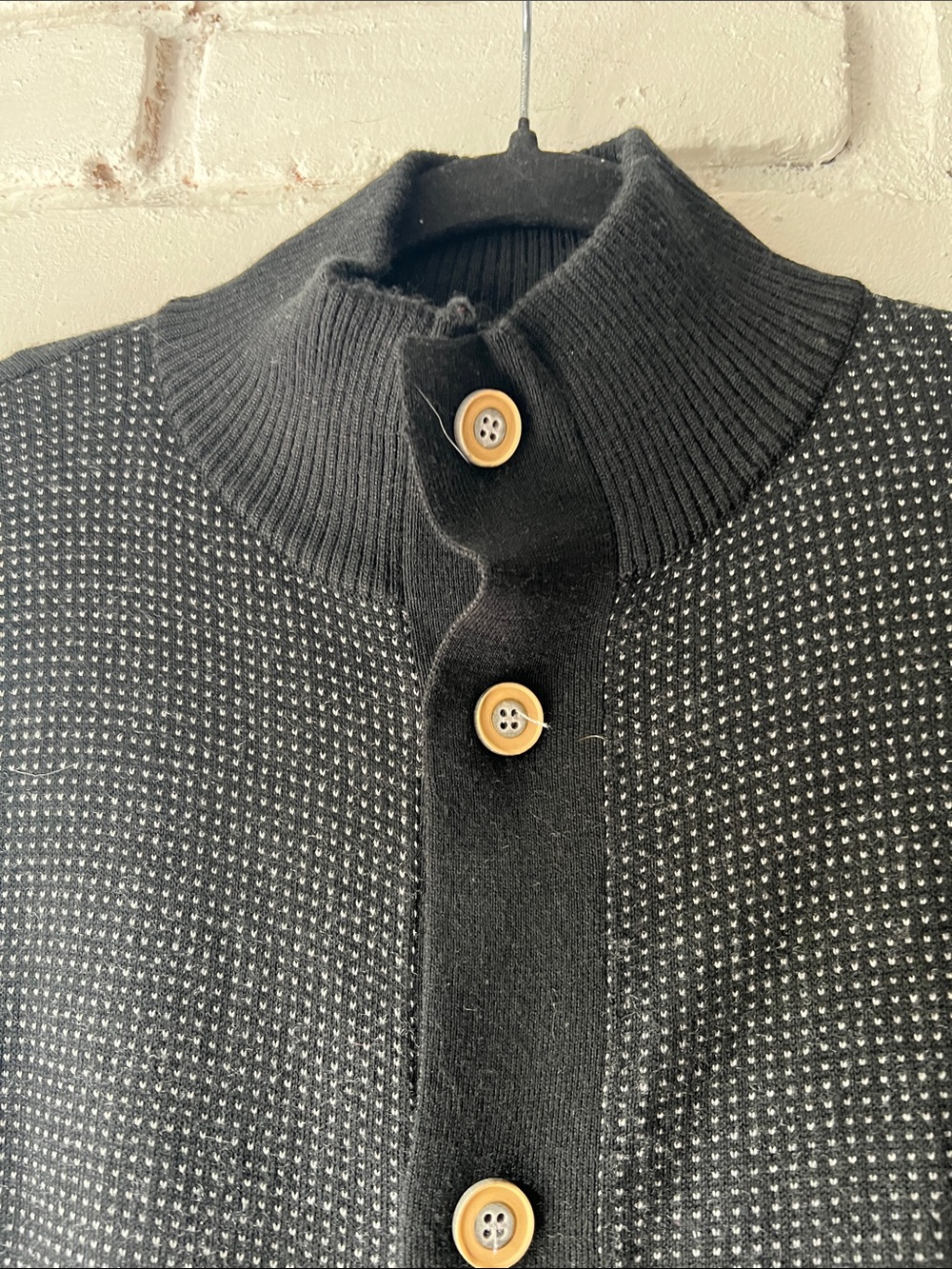 50% merino wool Black Button-Up Knit Cardigan with Zipper Pockets and mockneck - Picture 4 of 7